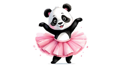 Dancing Panda Bear Wearing a Tutu Watercolor Illustration on White