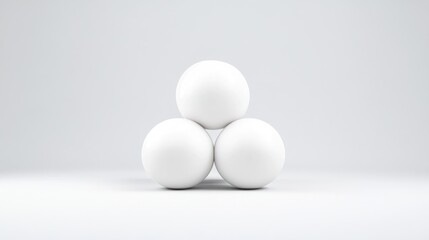 Three white spheres stacked in a triangle on a plain surface