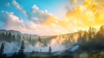 Yellowstone's Majestic Wilderness: A Symphony of Geysers, Forests, and Peaks in Pristine Natural Glory