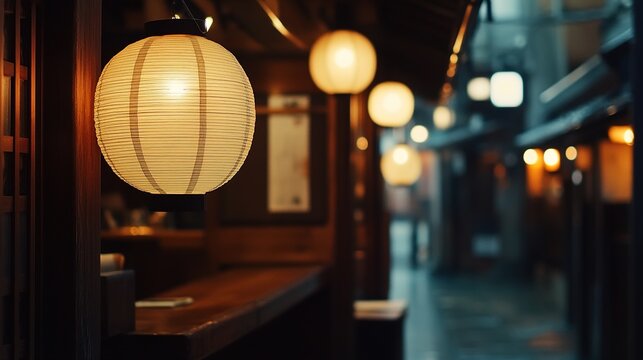 A traditional Japanese izakaya with wooden interiors and paper lanterns.