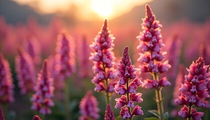 Obraz premium Pink flowers bathed in golden sunset light.