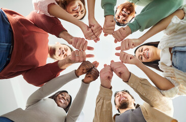 Obraz premium Friends group circle, satisfaction, approval, diverse people holding hands at therapy session, team together, psychological support, training understanding, corporate unity connection, teambuilding
