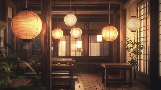 A traditional Japanese izakaya with wooden interiors and paper lanterns.