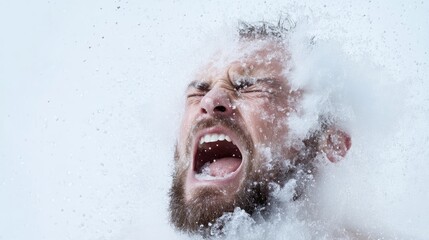 Man screams under snow flurry