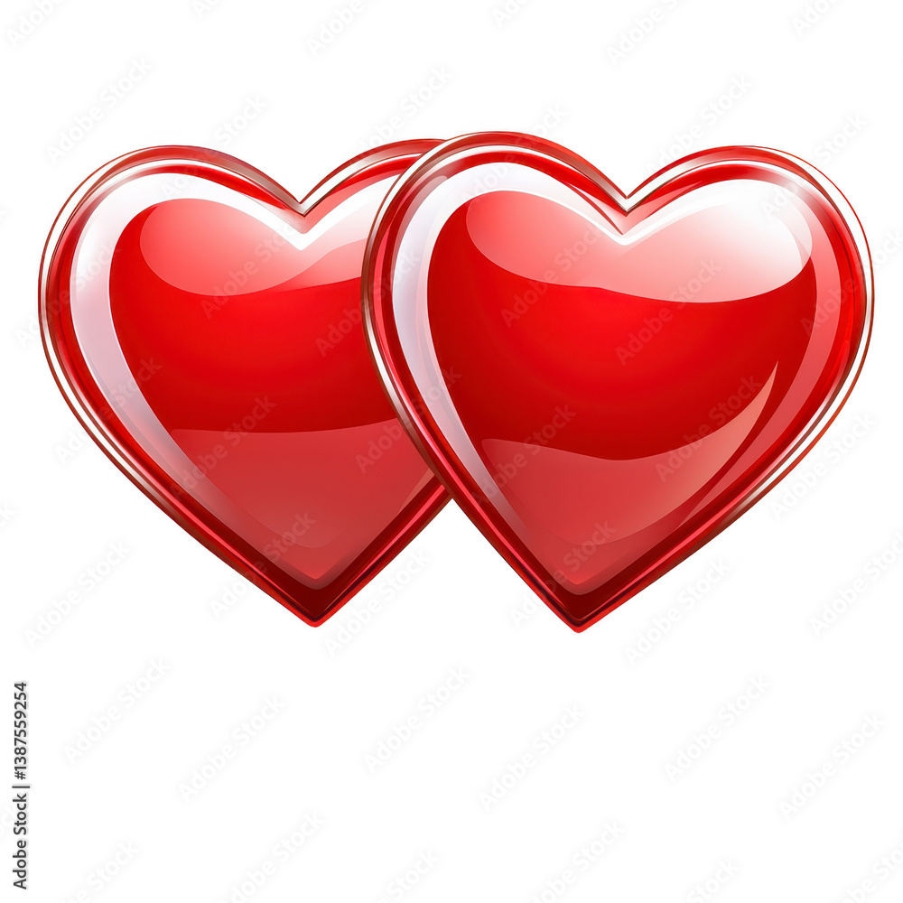 Poster a two glossy red hearts are intertwined, symbolizing love and connection. shiny surface reflects lig