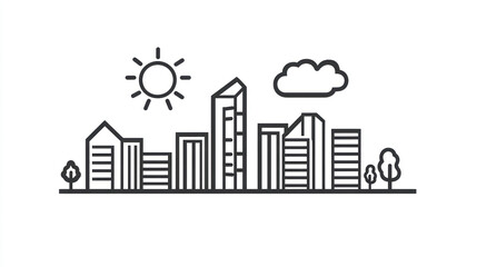 Simple line art city skyline with sun and cloud