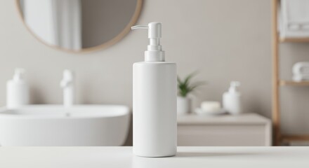Fototapeta premium Elegant white soap dispenser mockup in modern bathroom setting showcasing minimalist style