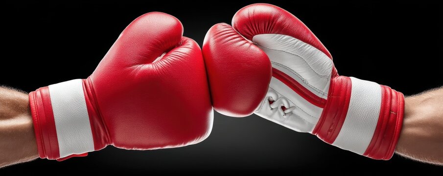 A close-up shot reveals two red and white boxing gloves poised for a fight, fists clenched in a dramatic display of athletic competition and readiness to strike.