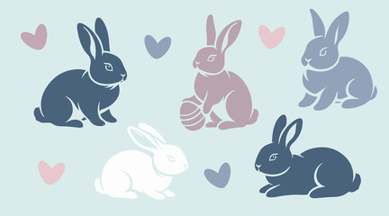Vector illustration of bunny silhouettes with flowers and hearts for Easter, cute and festive design.