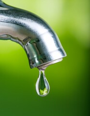 A single drop of water hangs from a chrome faucet against a blurred green background.