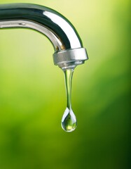 A close-up image of a shiny faucet with a single water droplet forming and falling.