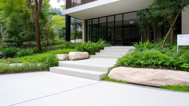 A modern buildings entrance features light-grey concrete steps leading to glass doors. Landscaped areas with lush greenery flank the steps, including large rocks used as seating. The scene is brightl