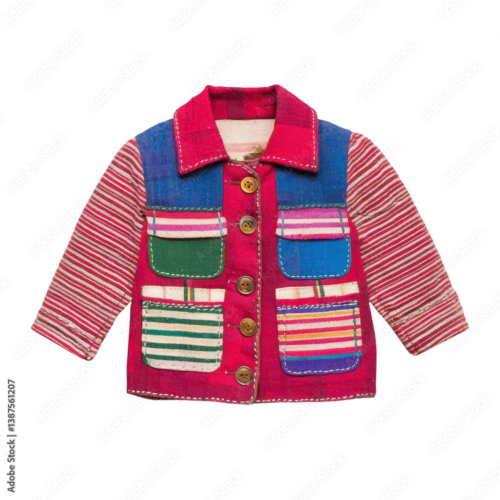 Poster a colorful patchwork jacket with striped sleeves and multiple pockets, featuring vibrant patterns an