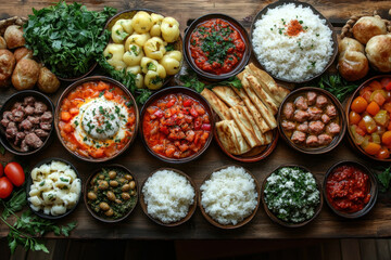 Fototapeta premium a richly served table with a variety of dishes laid out in ceramic bowls and plates. 