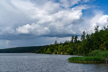 Obraz premium Different landscapes on the lake in summer.