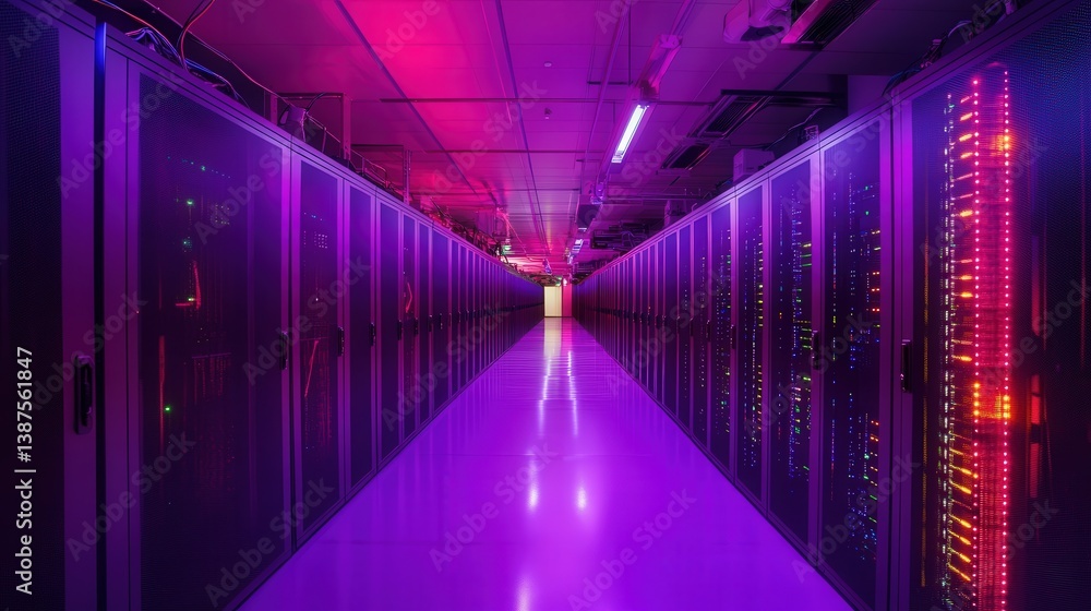 Poster the shot showcases a busy data center corridor, where rows of rack servers are flanked by supercompu
