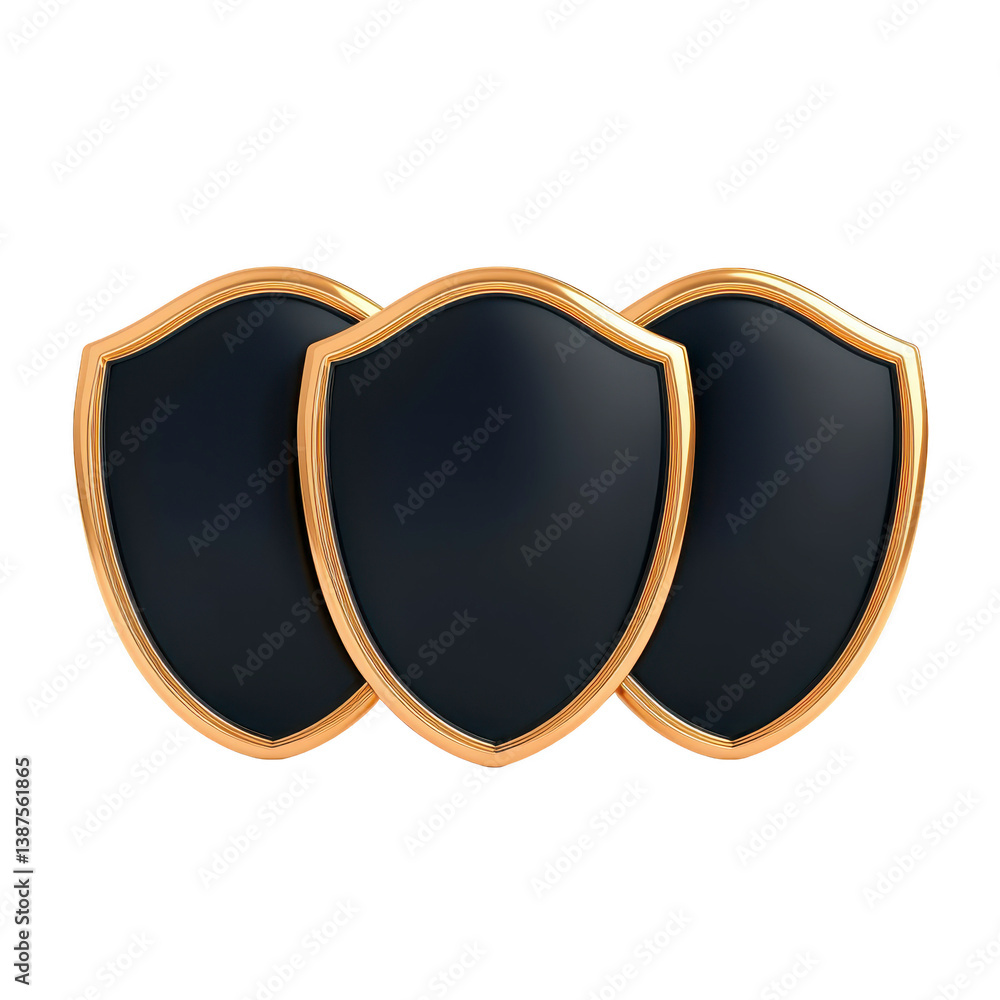 Poster a three elegant black shields with gold borders are displayed, symbolizing protection and security. 