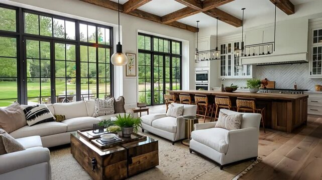 A luxurious modern farmhouse interior with rustic wooden elements and sophisticated furniture.