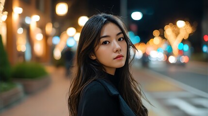 Fototapeta premium 夜の街で見つめる女性