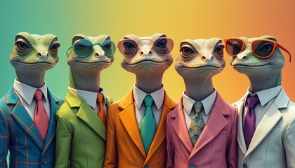 A quirky ensemble of five lizards dressed in colorful suits and trendy sunglasses stands confidently against a gradient background. Their unique fashion choices and poised expressions create a playful