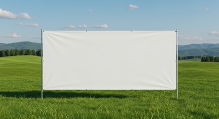 Blank banner mockup on vibrant green grass against a countryside backdrop