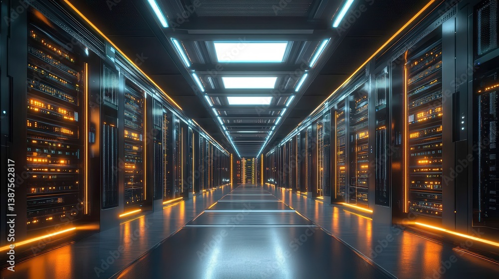 Poster this 3d visualization showcases a large data center filled with state-of-the-art technology, illustr