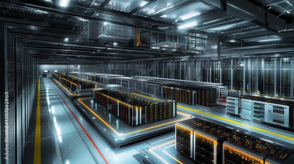 Poster this 3d visualization showcases a large data center filled with state-of-the-art technology, illustr
