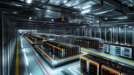 This 3D visualization showcases a large data center filled with state-of-the-art technology, illustrating the critical role of servers