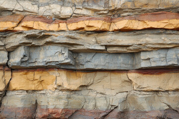 Fototapeta premium Rock face with yellow and brown stripe, jagged edges and rugged texture, under clear blue sky.