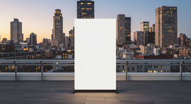 Blank banner mock-up atop rooftop terrace with cityscape silhouette panorama at sunset