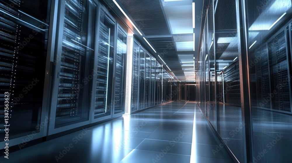 Poster this corridor shot in a data center emphasizes the high-tech environment, featuring sleek rack serve