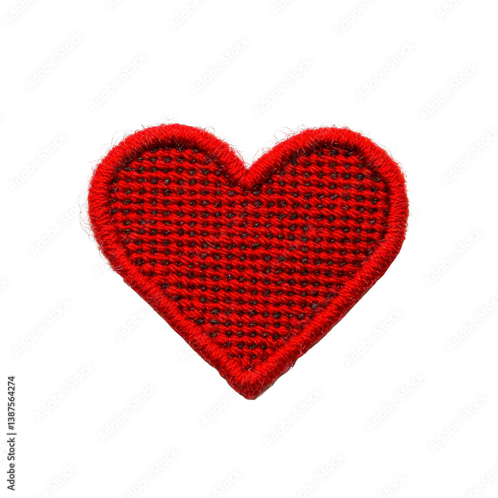 Poster a red heart shaped patch with textured fabric surface, featuring woven pattern and frayed edges, iso