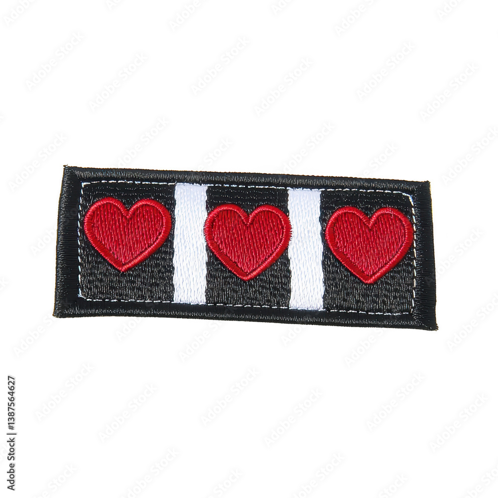 Poster a rectangular embroidered patch features three red hearts transparency background with white stripes