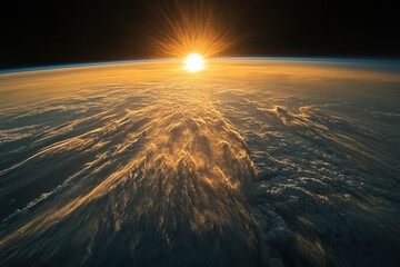 Sun shining over Earth, casting golden rays on lush green landscape with winding river below, creating a stunning aerial view.