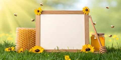 Wooden frame with bee theme, honeycomb and flowers on spring background. Frame with space for text.