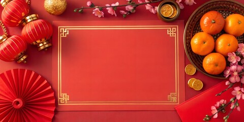 Mandarins, lanterns, cherry blossom branches and a fan, beautifully arranged on a red table, embody the joyful spirit of the Chinese Lunar New Year in a vibrant festive arrangement.
