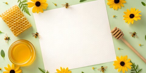 Spring composition with honeycombs, bees, honey and flowers on a green background. The composition is ideal for a background in social networks.