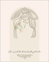 Bridgerton pre-made background - aesthetic, whimsical hand drawn line art style for wedding designs. Watercolor honeysuckle image combined with line art illustrations and text.