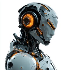 Fototapeta premium Futuristic robot or cyborg head and shoulders profile view against a white background.
