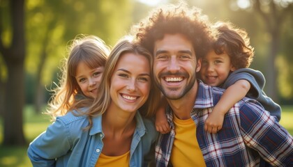 Fototapeta premium A radiant family smiles brightly in a lush green park, capturing a moment of pure joy and togetherness. The warm sunlight bathes them in a golden glow, highlighting their happiness and the playful