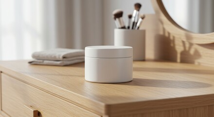 Elegant white cosmetic container mock-up on a wooden dressing table with soft light