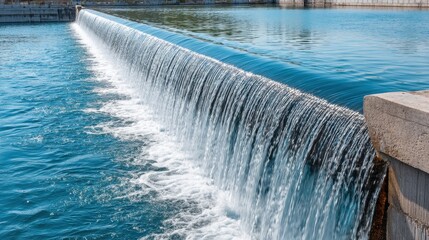 Waterfall cascading into a turquoise reservoir, creating white water rapids and foam.