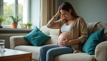 Obraz premium Pregnant woman with headache, pain seated on sofa. Expecting mother with discomfort during pregnancy. Concept of maternal health, fatigue, stress relief, well-being, home care.