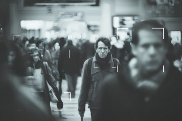 Monochrome photo of facial recognition detecting the faces of people in a crowd