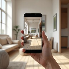 Hand holding smartphone showing interior design in virtual reality. Phone presents living room, hardwood floor with sunlight, sofa, window view, comfortable modern home. Concept of home decor, design