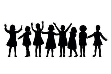 Silhouette line of playful boys and girls jumping and dancing outdoors, joyful childhood expression in nature