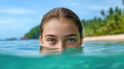 Girl with blue eyes submerged in turquoise ocean water, tropical beach background provides stunning backdrop.