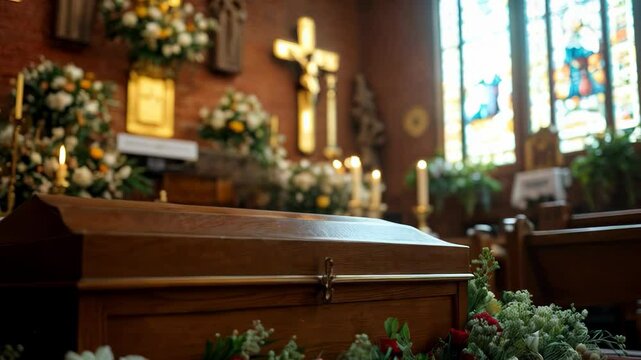 A heartfelt memorial service takes place in a chapel filled with flowers and candles
