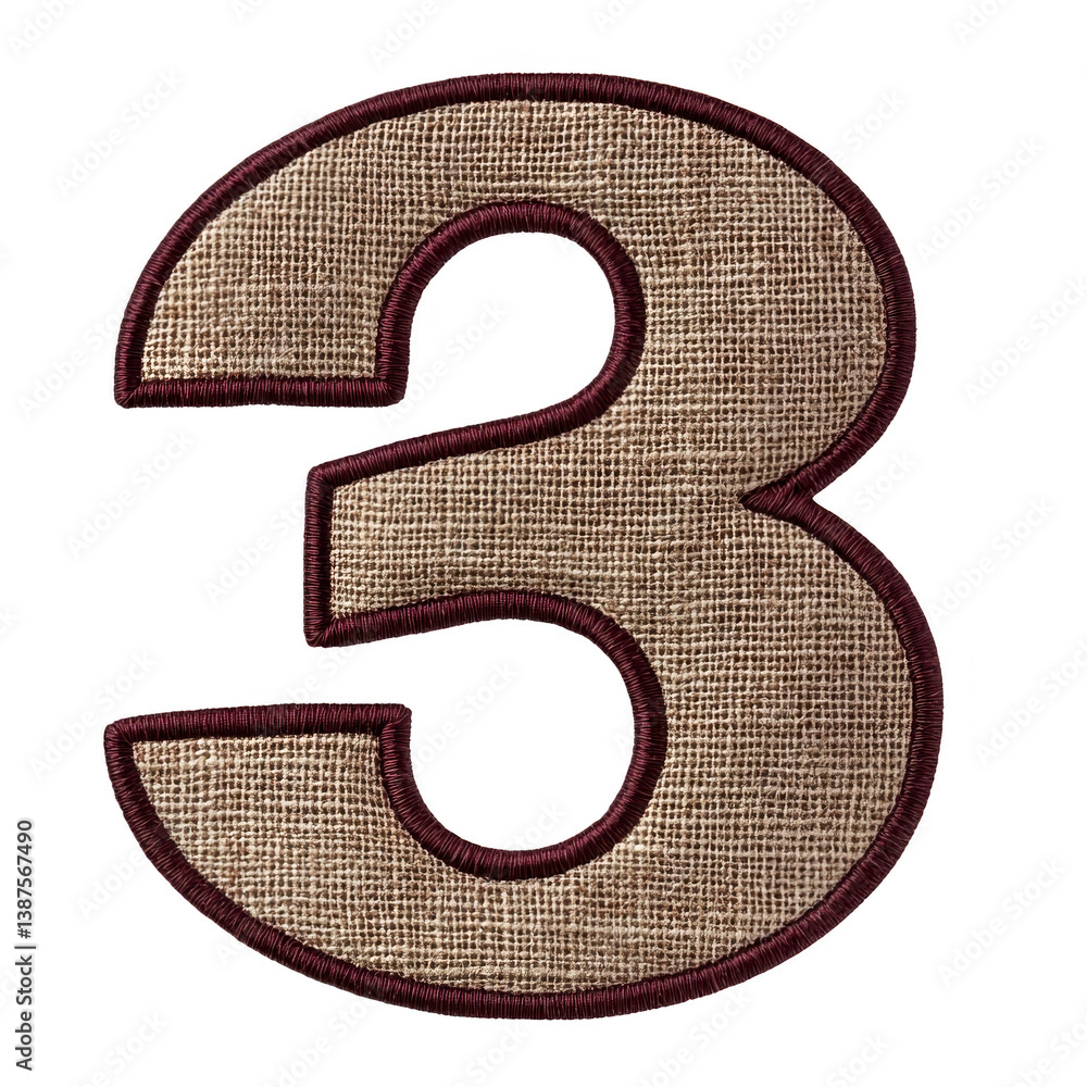 Poster a large, textured number three with burlap fabric appearance and dark outline, creating rustic and v