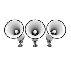 A Three white megaphones are aligned in row, facing forward, against plain background. image emphasizes communication and amplification